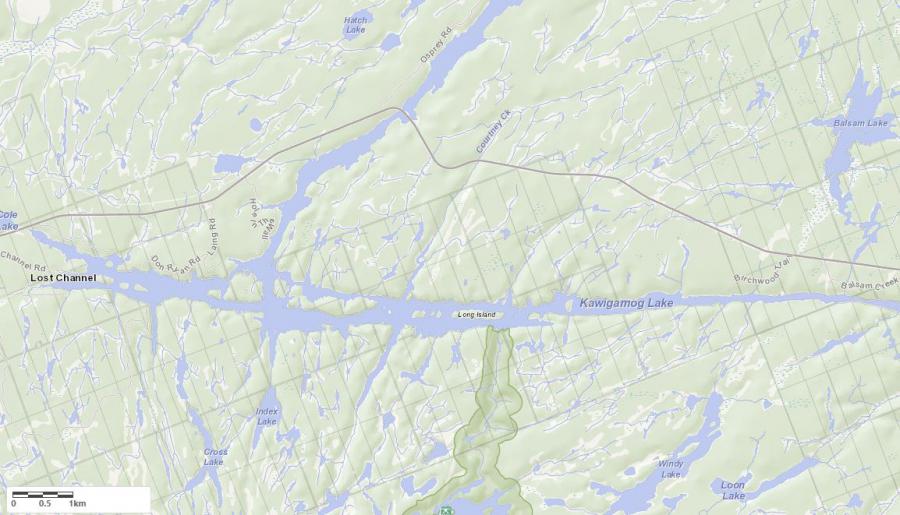 Topographical Map of Kawigamog Lake in Municipality of Unincorporated and the District of Parry Sound